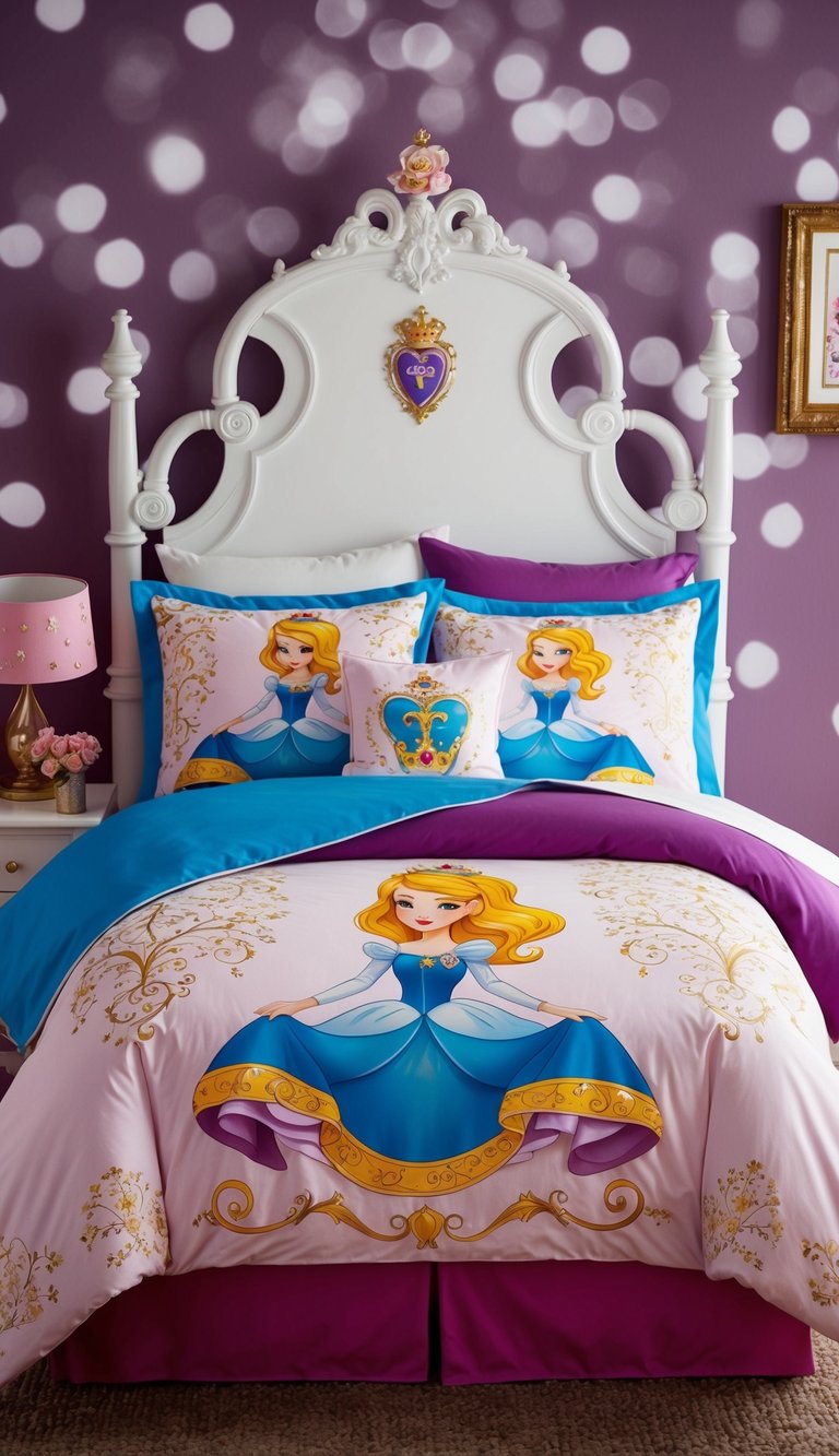 A cozy princess-themed bedroom with a matching duvet and pillow set, adorned with elegant and whimsical designs fit for royalty