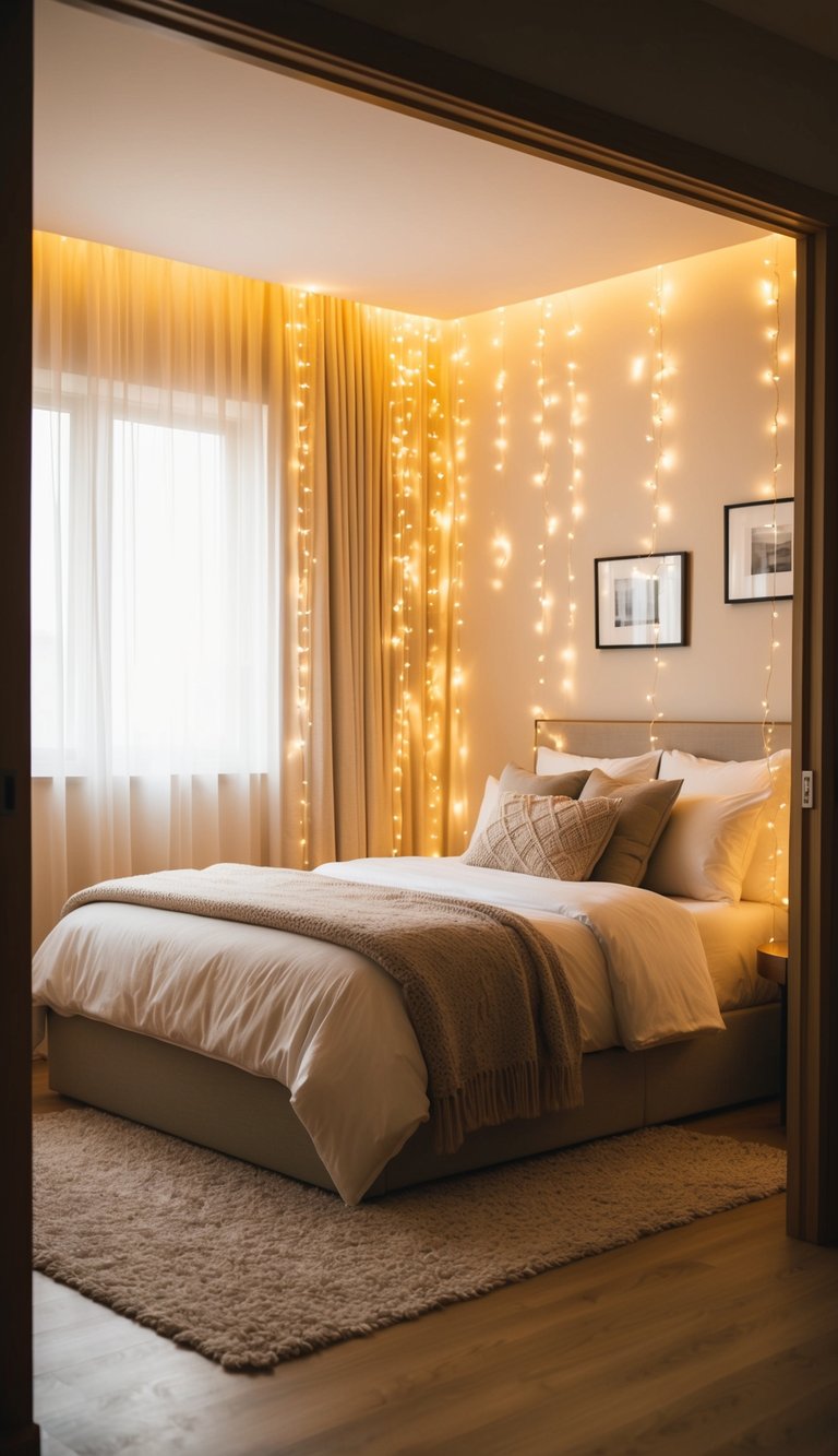 Soft, warm light cascades through a cozy bedroom, creating depth and ambiance. The room is filled with small space design ideas, maximizing comfort and style