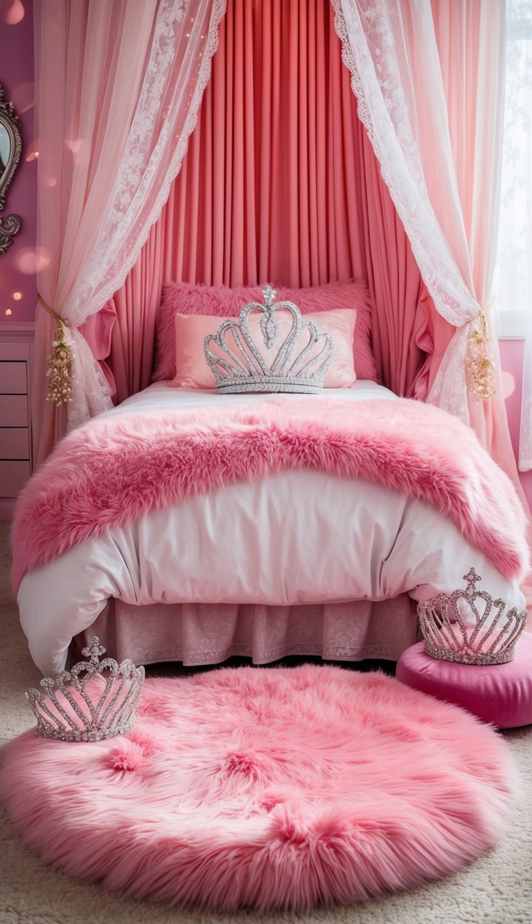 A cozy, fuzzy pink rug sits in the center of a whimsical princess-themed bedroom, surrounded by glittering tiaras, soft pastel curtains, and delicate lace accents