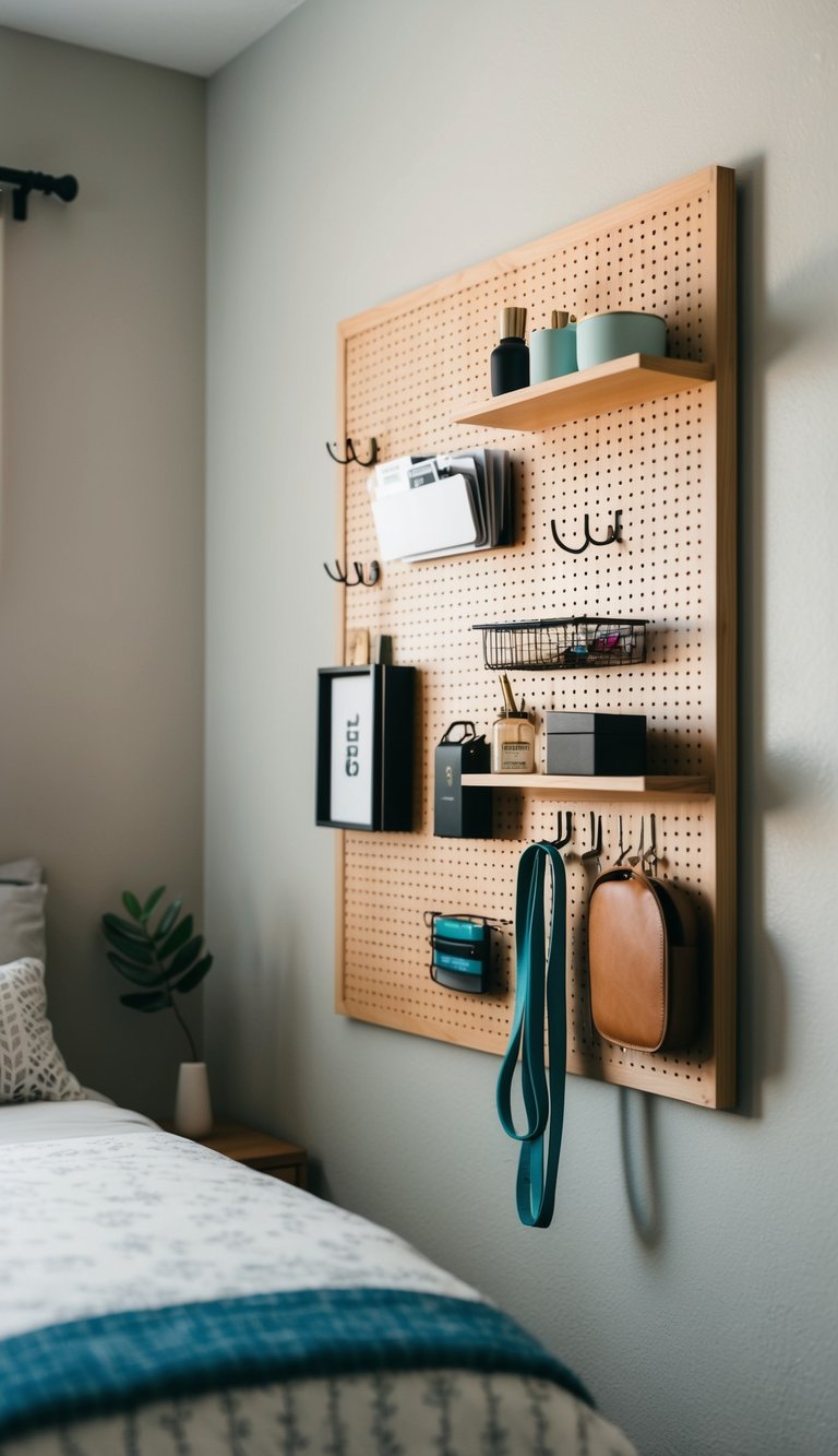 A pegboard is mounted on a bedroom wall, holding various hooks and shelves for organizing and storing items in a small space