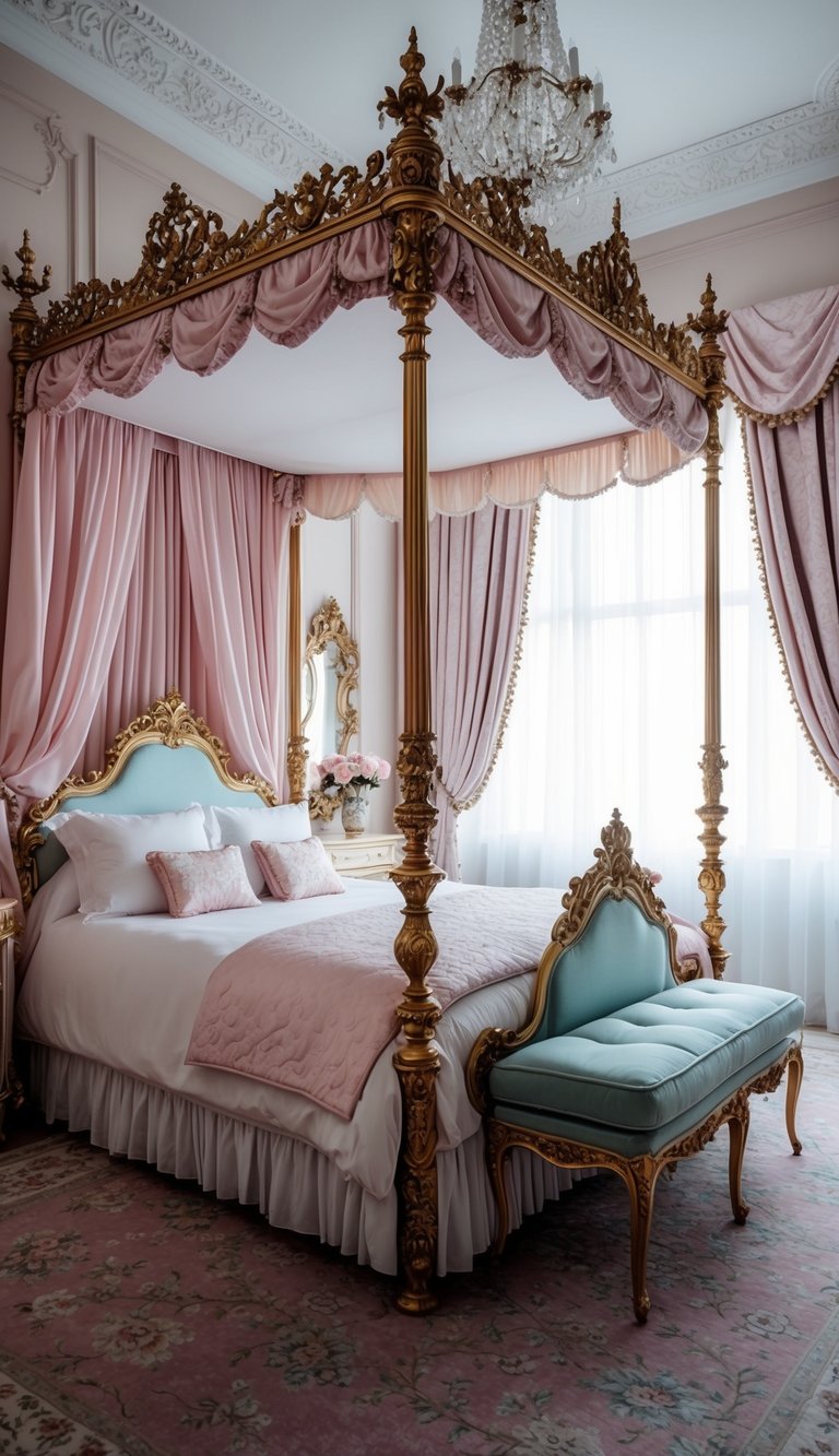 A regal bedroom with a canopy bed, ornate furniture, and pastel colors fit for a princess