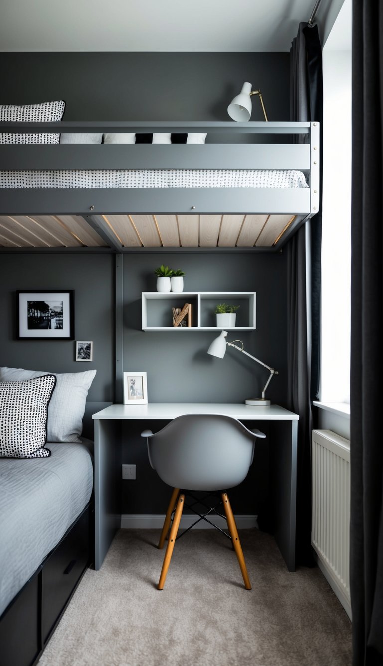 A cozy bedroom with a loft bed, wall-mounted shelves, and a small desk area. The room is decorated in shades of grey, with pops of black and white