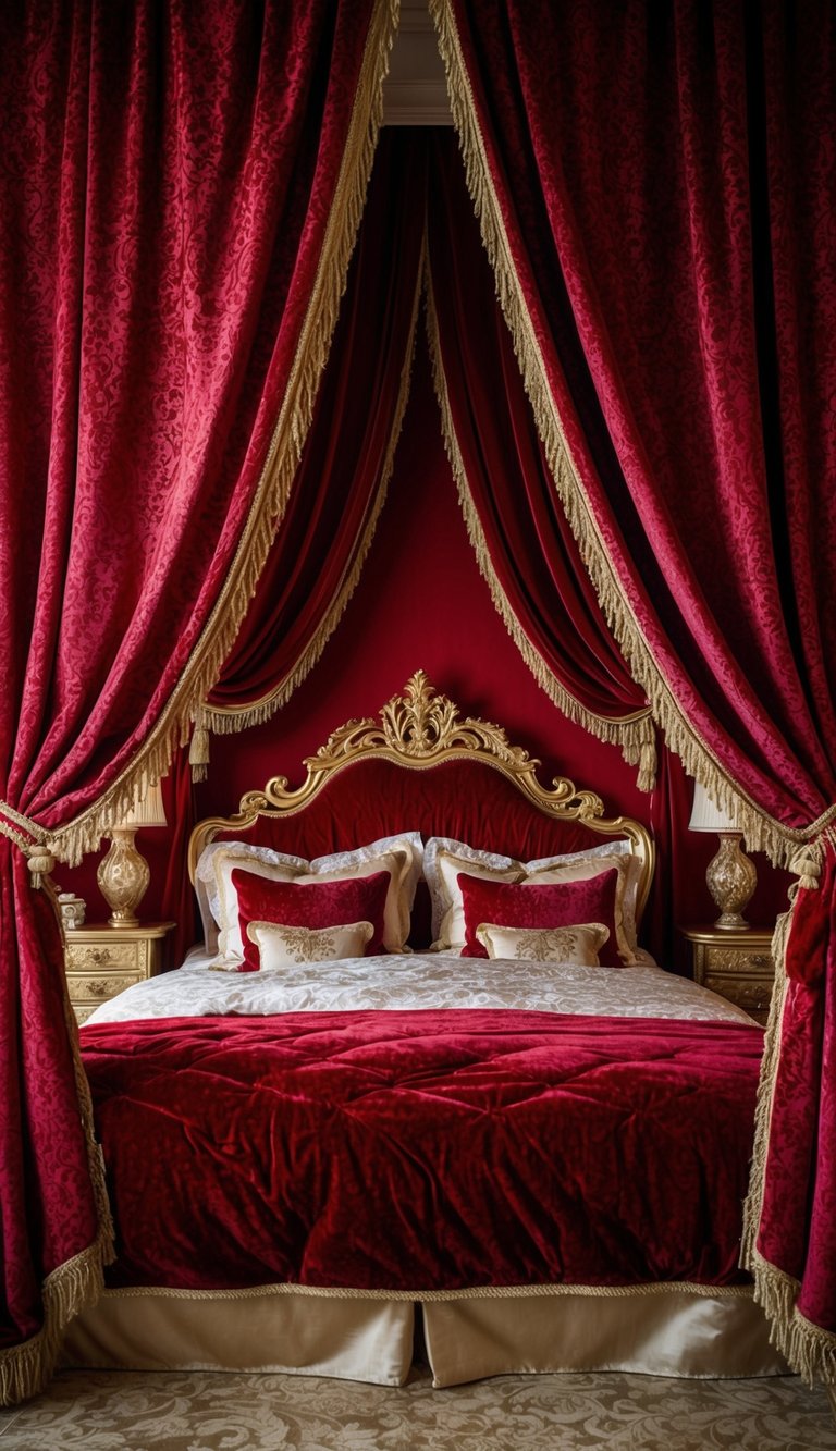 Rich red velvet curtains drape dramatically in a luxurious princess bedroom. Rich textures and opulent colors create a regal and elegant atmosphere