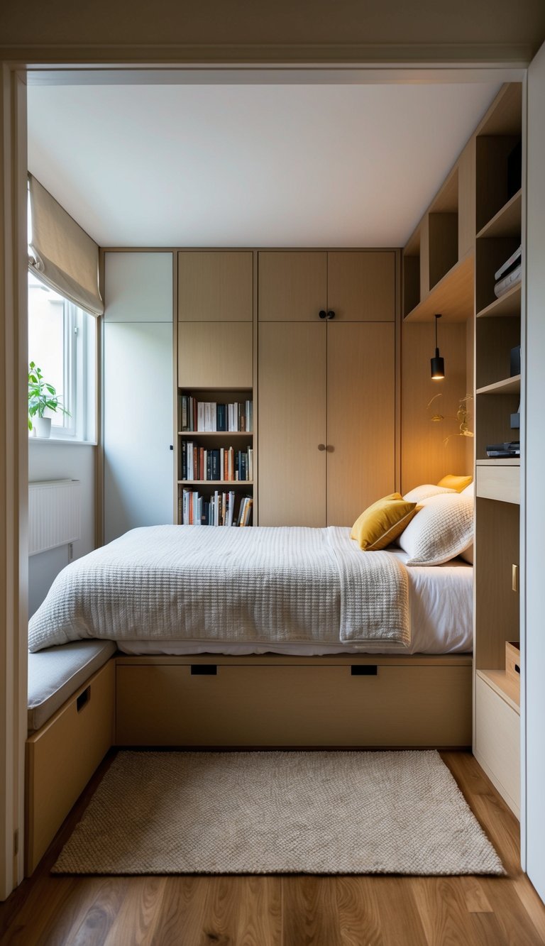 A cozy bedroom with clever built-in storage solutions maximizing space in a small room