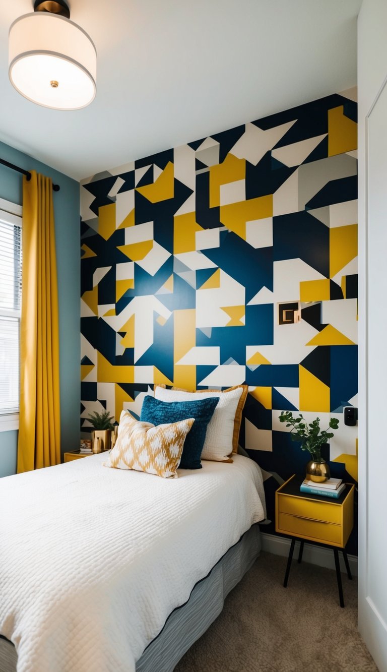 A small bedroom with a bold accent wall featuring a geometric pattern, adding visual interest to the cozy space