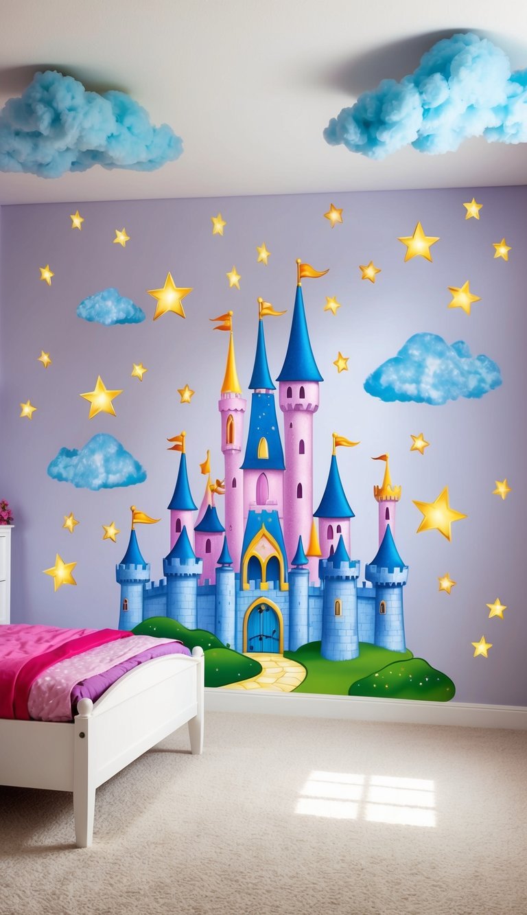 A magical castle with colorful fairytale wall decals, surrounded by twinkling stars and floating clouds in a princess-themed bedroom