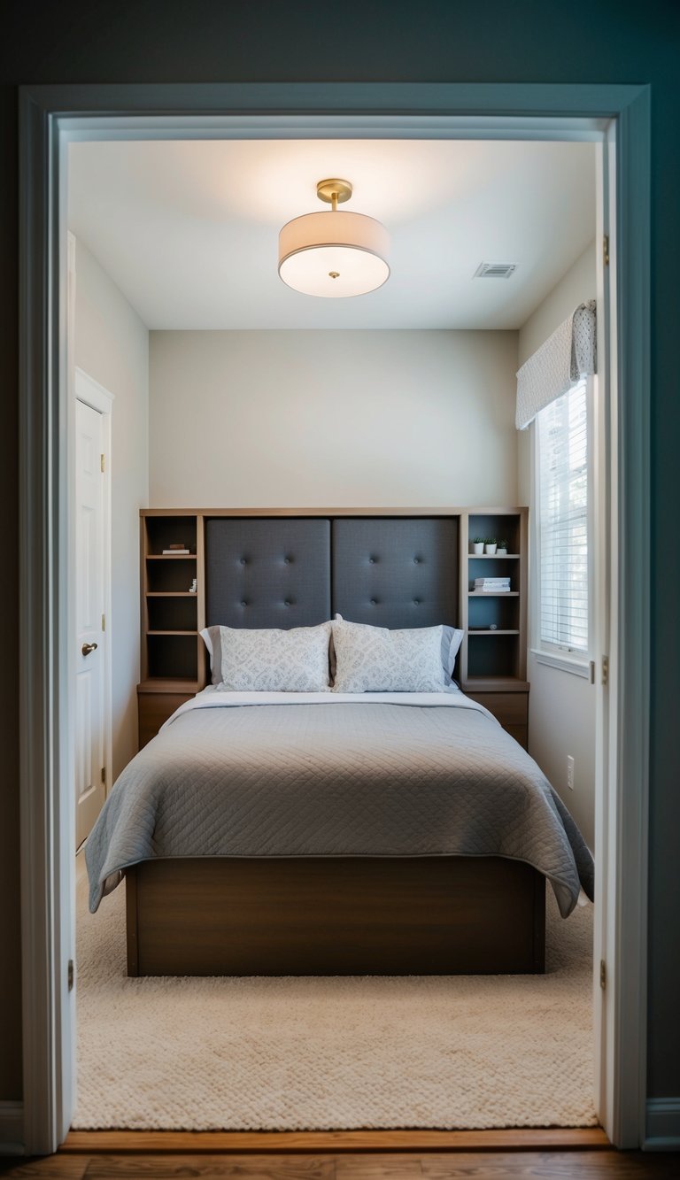 A cozy bedroom with a small room layout featuring a bed with a headboard that includes built-in storage compartments