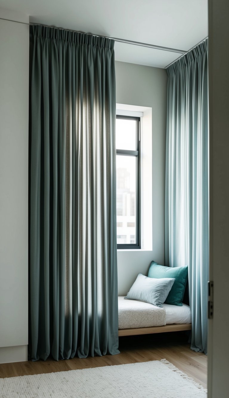 Curtains drape from ceiling to floor, creating a sense of height in a small bedroom with minimalistic decor and a cozy reading nook