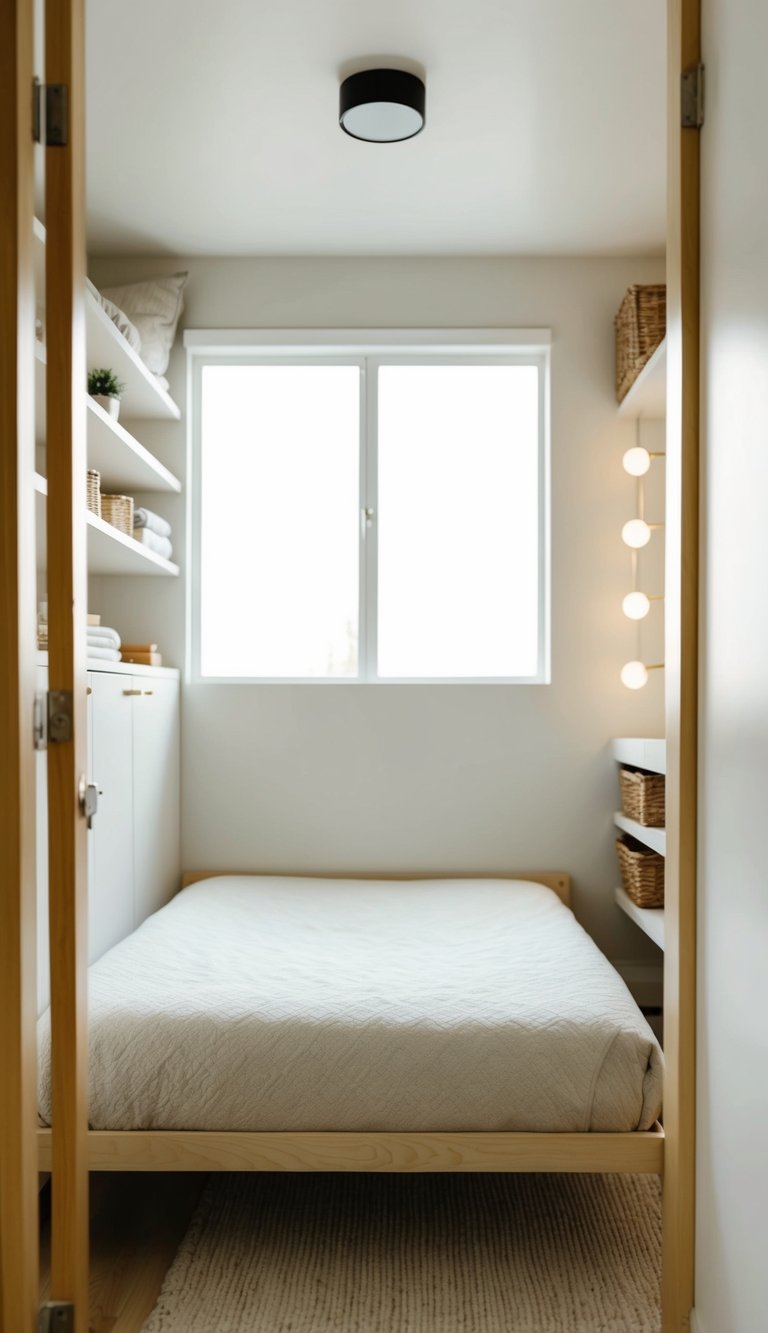 A cozy, minimalist bed frame in a tiny bedroom with clever storage solutions and soft, neutral colors