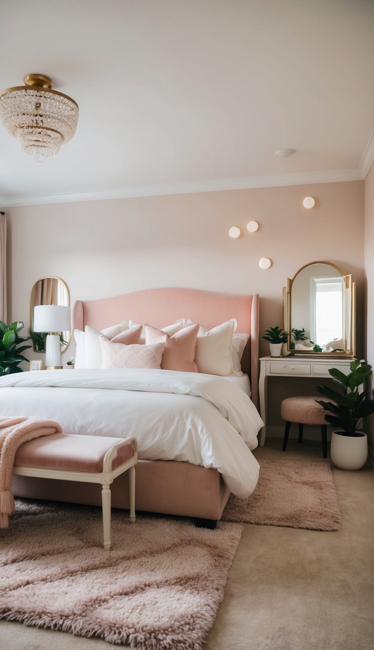 A cozy bedroom with a large bed, soft pastel colors, and elegant decor. A vanity table with a mirror, plush rugs, and potted plants add a touch of sophistication