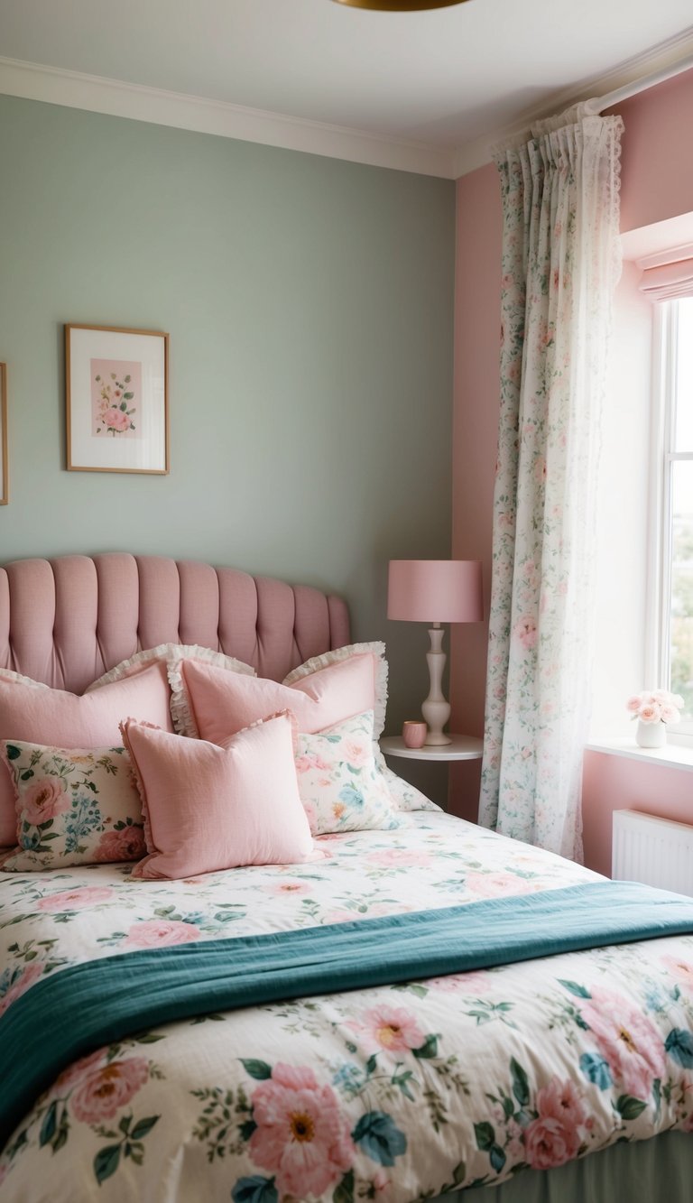 A cozy bedroom with pastel walls, floral bedding, and delicate curtains. A soft color palette of pinks, blues, and greens creates a peaceful and feminine atmosphere