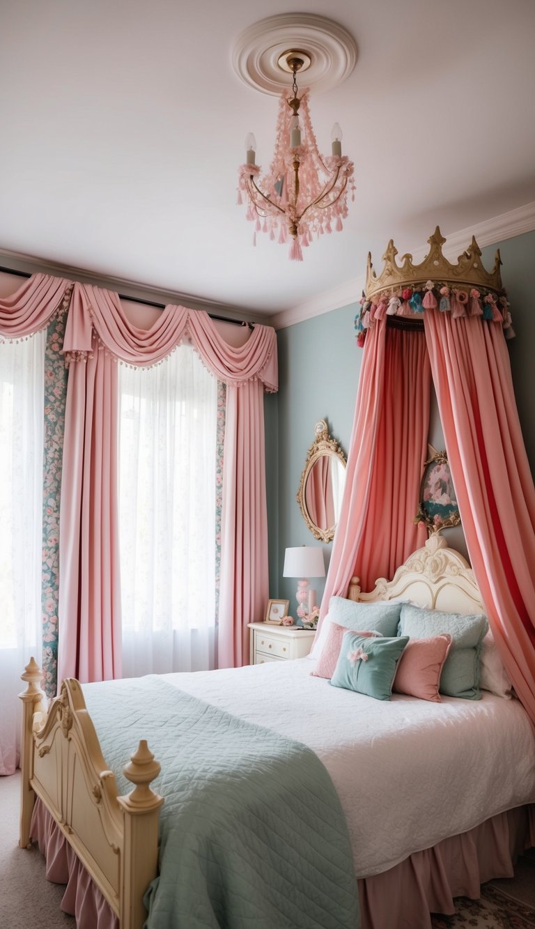 A cozy princess bedroom with a canopy bed, soft pastel colors, and magical fairy tale-themed decor