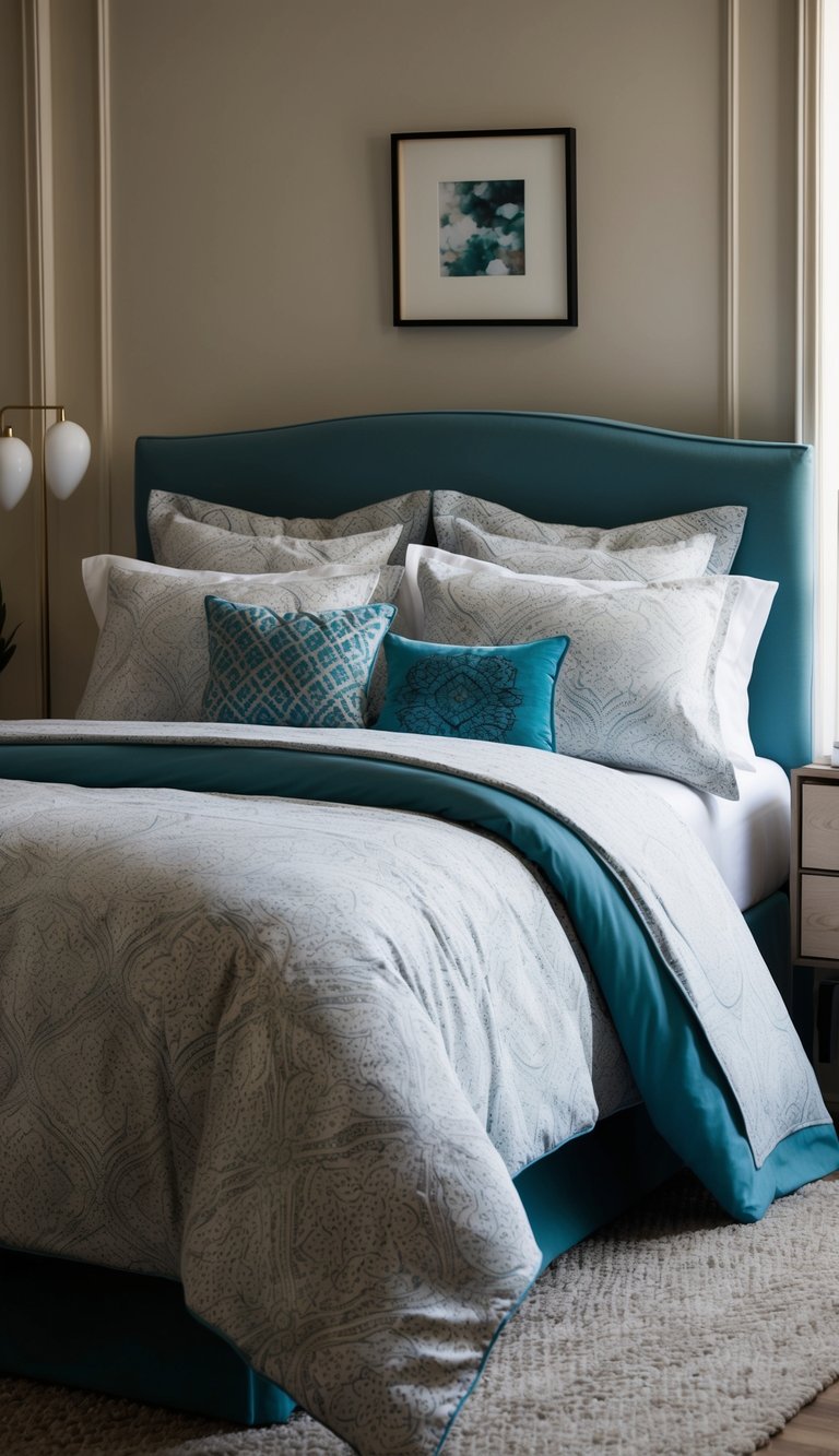 A cozy bedroom with a stylish duvet set featuring a matching comforter, pillowcases, and decorative throw pillows. The color scheme and patterns reflect a mature and sophisticated taste