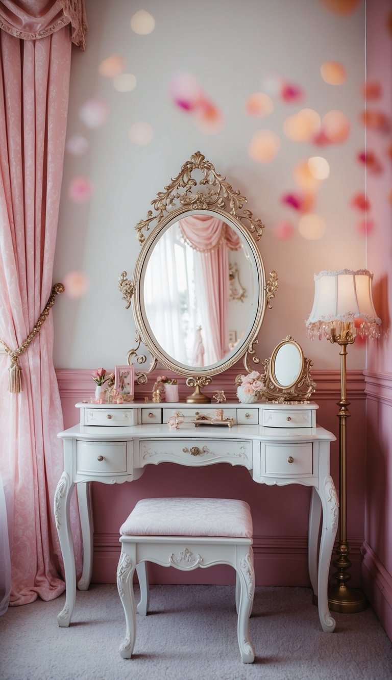 An elegant vanity table with a ornate mirror and delicate accessories in a princess-themed bedroom