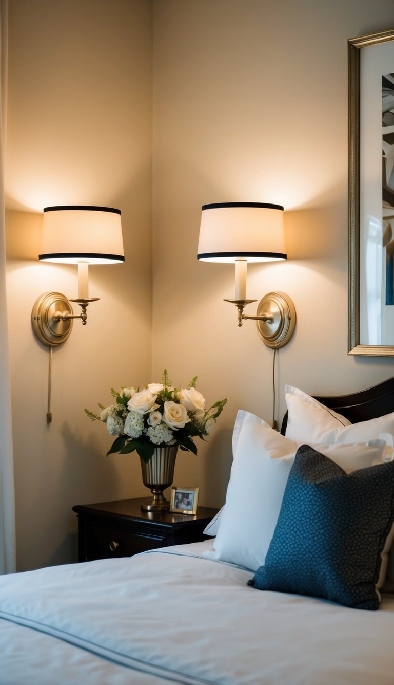 Two bedside wall lamps illuminate a cozy, elegant bedroom with a grown woman's sophisticated decor