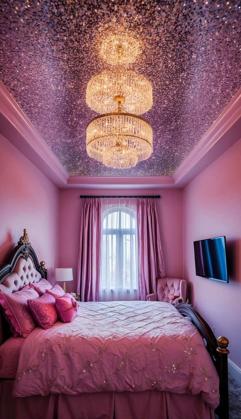 A dreamy princess bedroom with a glittery star ceiling, casting a magical glow over the room