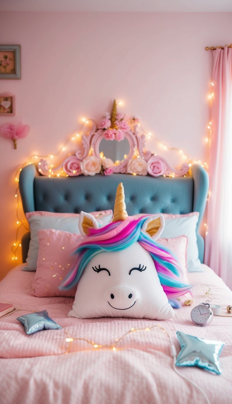 A cozy princess bedroom with plush unicorn throw pillows on a bed, surrounded by fairy lights and pastel decor