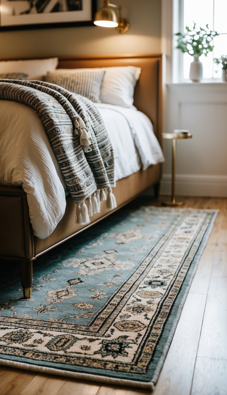 A chic rug lies beside the bed in a stylishly decorated bedroom