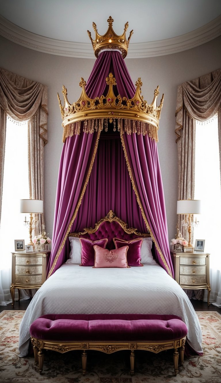 A luxurious canopy bed with a princess crown canopy, surrounded by elegant decor fit for royalty