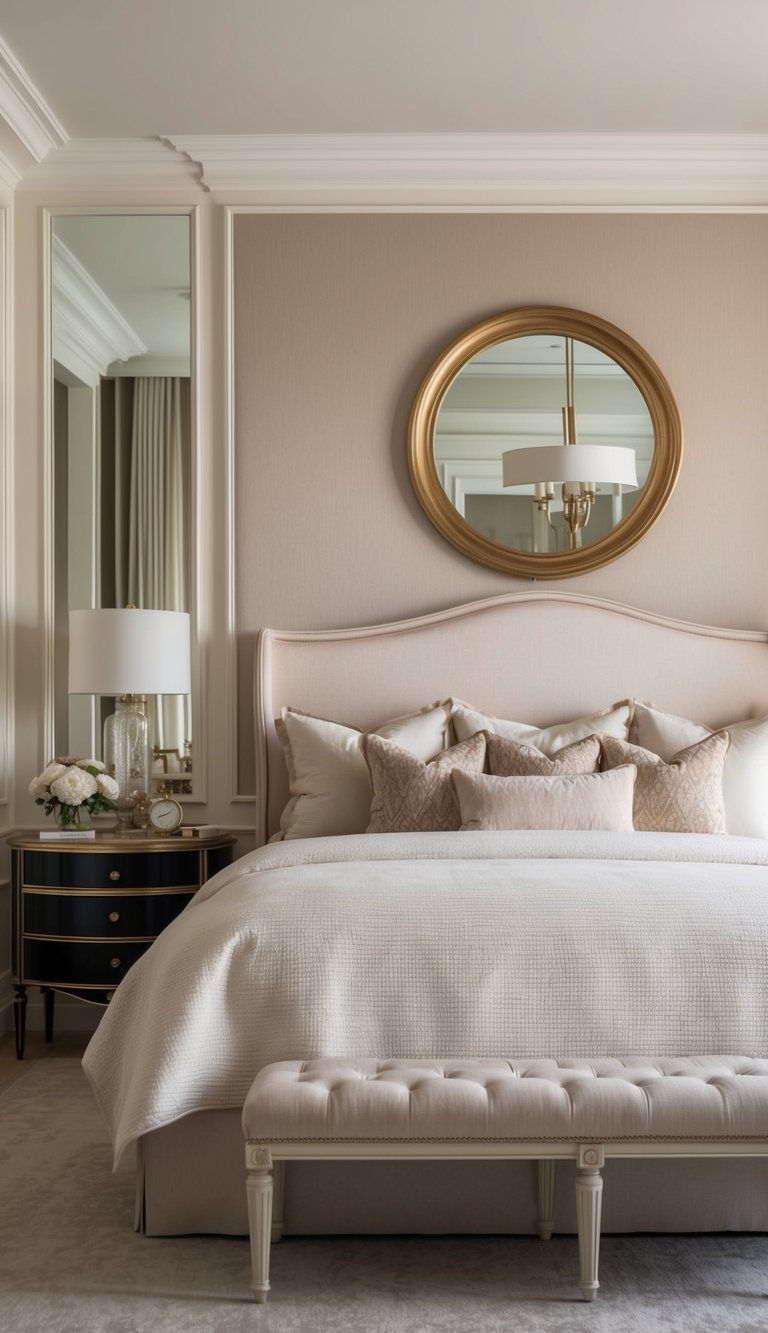 An elegant headboard in a luxurious bedroom with soft, neutral tones and sophisticated decor