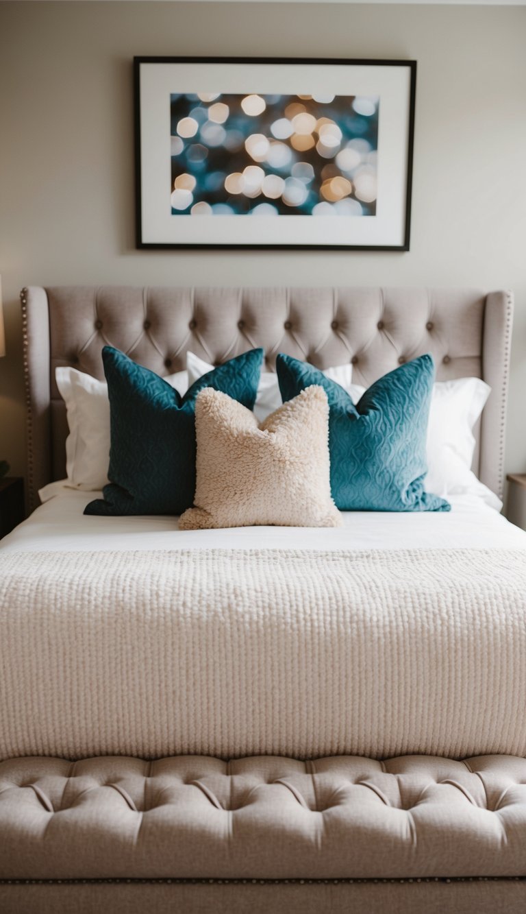 A cozy bed with plush accent pillows in a stylish, grown woman's bedroom