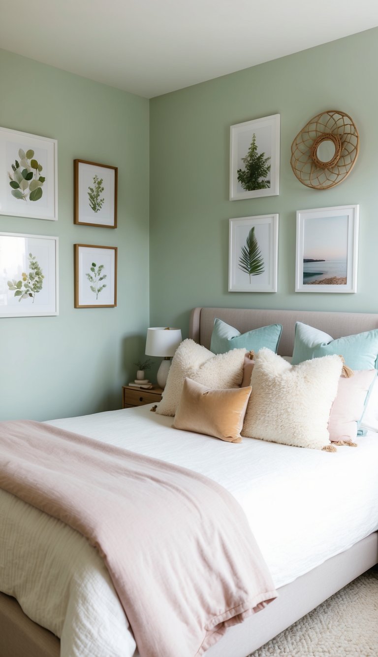 A serene bedroom with soft pastel colors, a cozy bed with fluffy pillows, and a gallery wall of nature-inspired art pieces