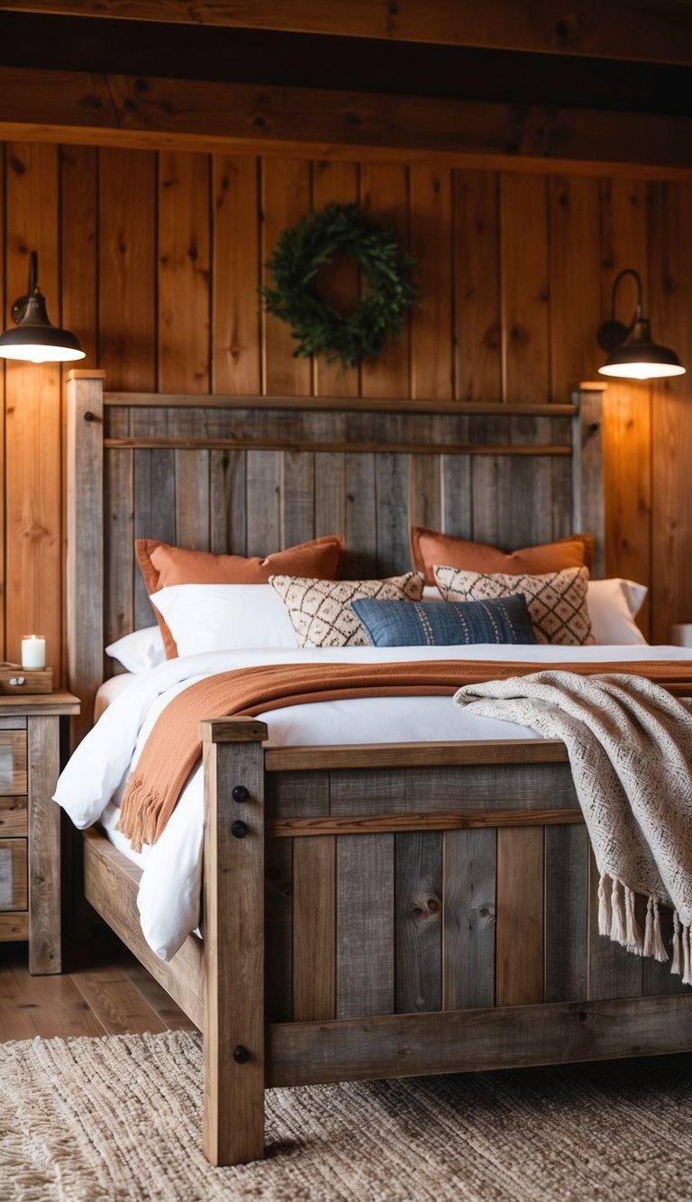 Weathered wood bed frames in a rustic Western bedroom with warm lighting and cozy blankets