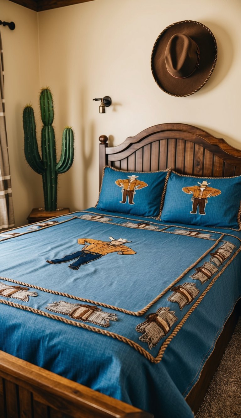 Denim bedspread with embroidered cowboys, wooden bed frame, cactus decor, and cowboy hat wall art in a western-themed bedroom