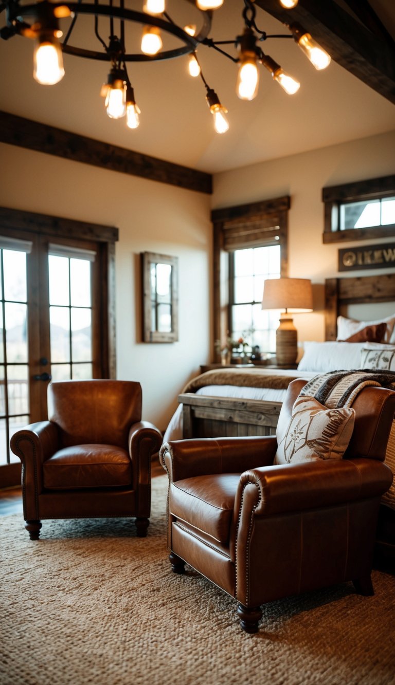 A cozy Western bedroom with leather armchairs, warm lighting, and rustic decor