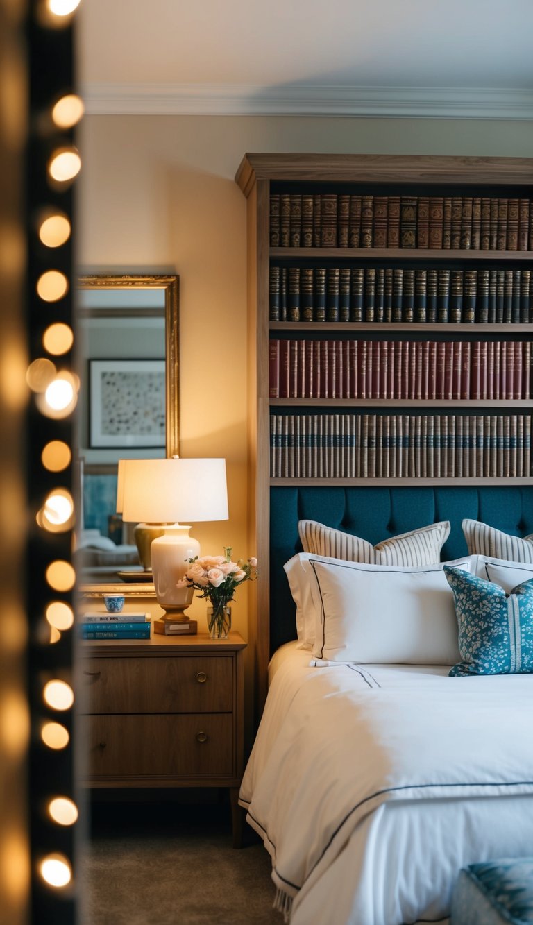 A cozy bedroom with a shelf filled with decorative books, soft lighting, and elegant furnishings