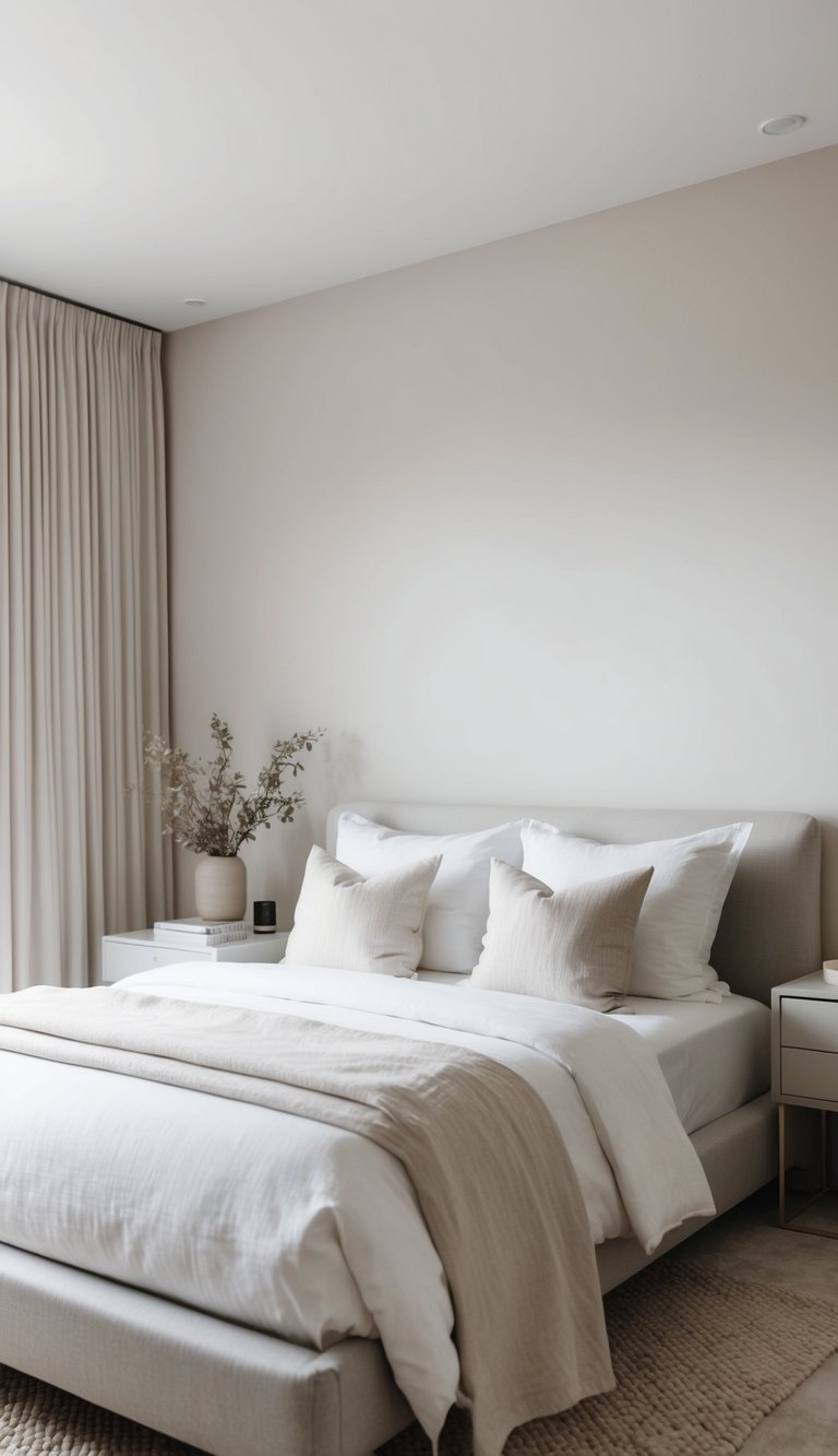 A serene bedroom with neutral tones, clean lines, and minimal decor. A cozy bed with crisp linens, a simple nightstand, and a few carefully chosen decorative pieces