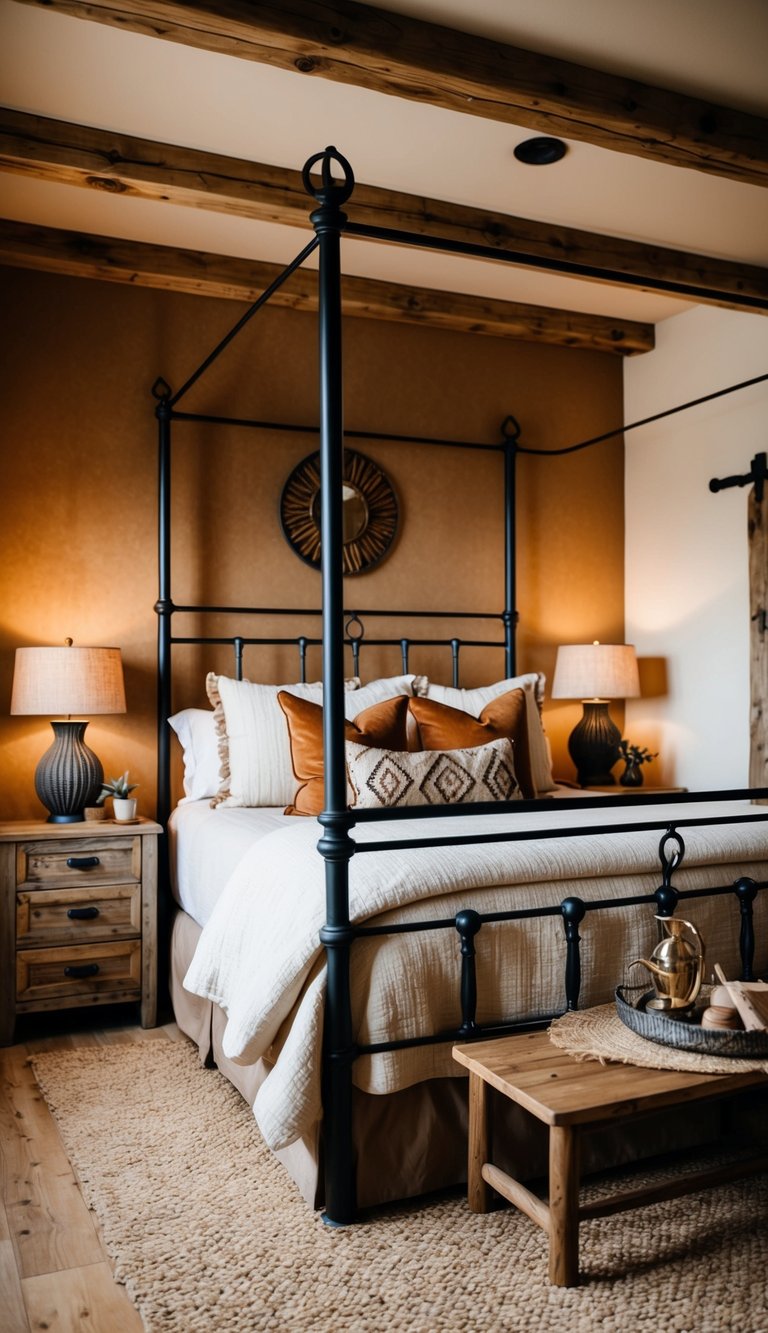 A rustic bedroom with a wrought iron bed frame, bedside tables, and decorative accents. A cozy, Western-inspired space with earthy tones and natural textures