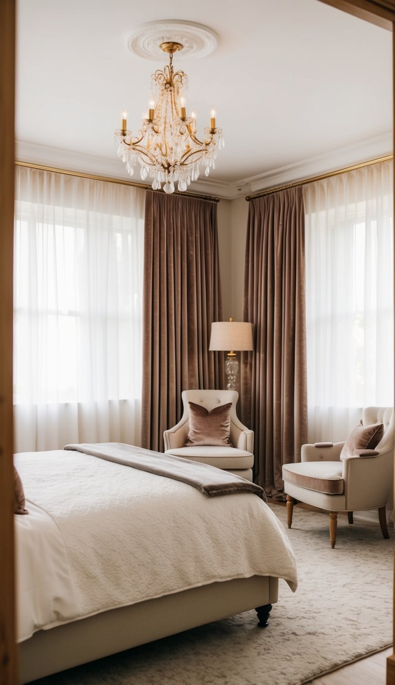 A cozy bedroom with plush velvet curtains, soft lighting, and elegant decor