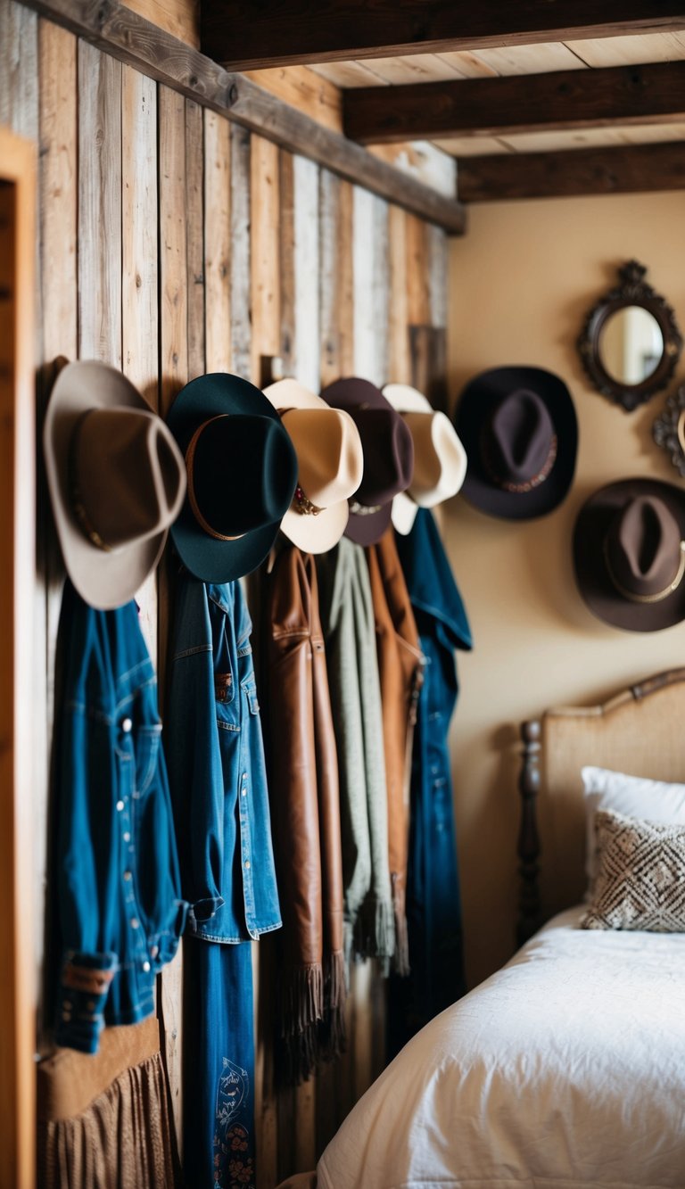 A row of cowboy hats hanging on a weathered wooden wall, surrounded by vintage Western decor in a cozy bedroom setting