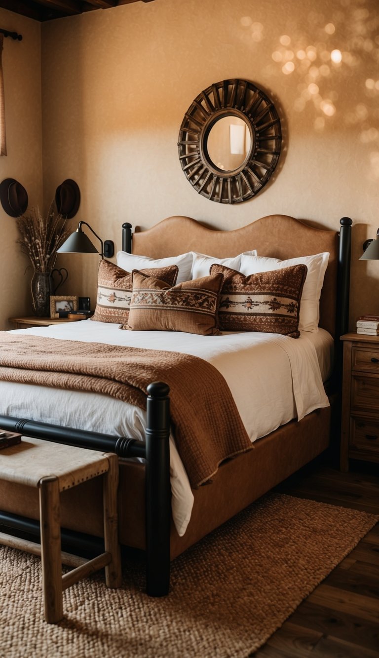 A cozy bedroom with a rustic Western theme featuring saddle-style bedheads, warm earth tones, and wooden furniture