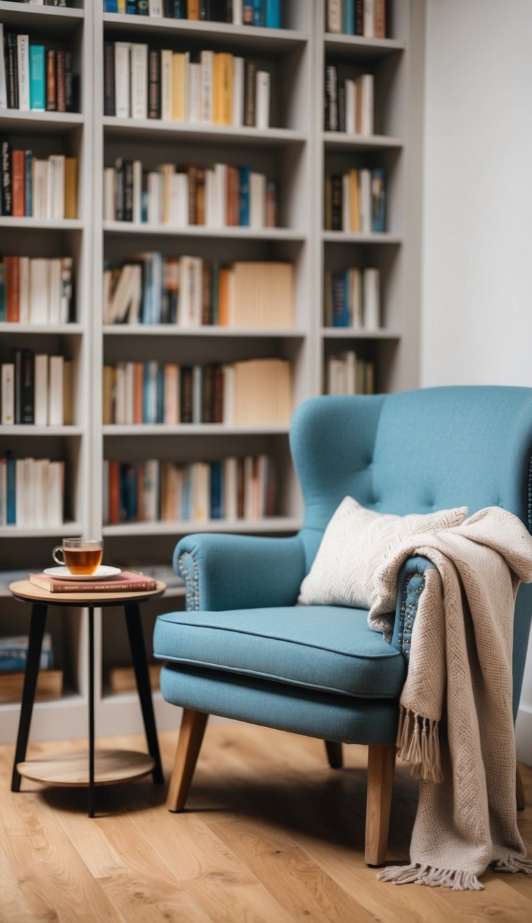 A cozy reading chair sits next to a bookshelf, with a soft throw blanket draped over the armrest and a small side table holding a warm cup of tea