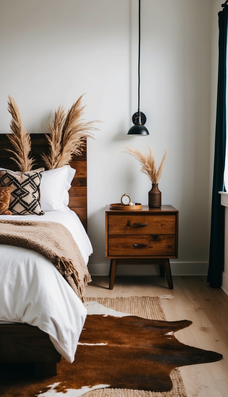 A cozy Western bedroom with a bed adorned with dried pampas grass, a wooden nightstand, and a cowhide rug on the floor