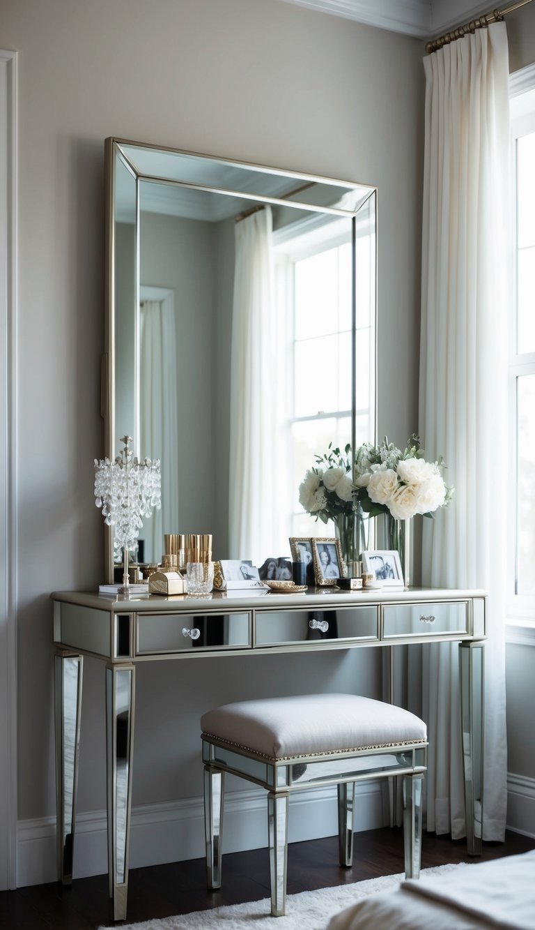 A sleek vanity table with a large mirror, adorned with elegant decor and personal items, sits in a well-lit corner of a sophisticated bedroom