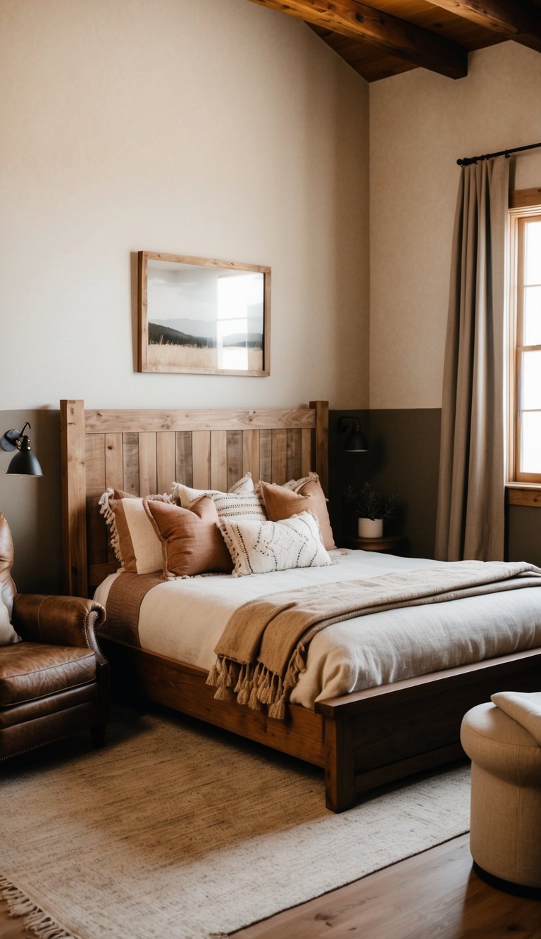 A cozy Western bedroom with earth-toned furniture, neutral walls, and rustic decor. A large wooden bed sits against the wall, adorned with warm blankets and throw pillows. A worn leather armchair sits in the corner, and a soft rug covers the wooden floor