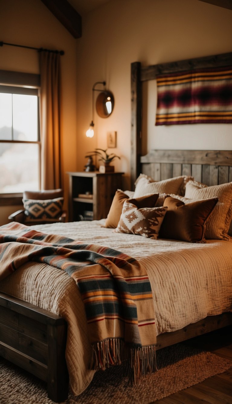 A cozy bedroom with Pendleton blankets draped over a rustic bed, wooden furniture, and Western-themed decor. Warm lighting and earthy tones create a cozy atmosphere