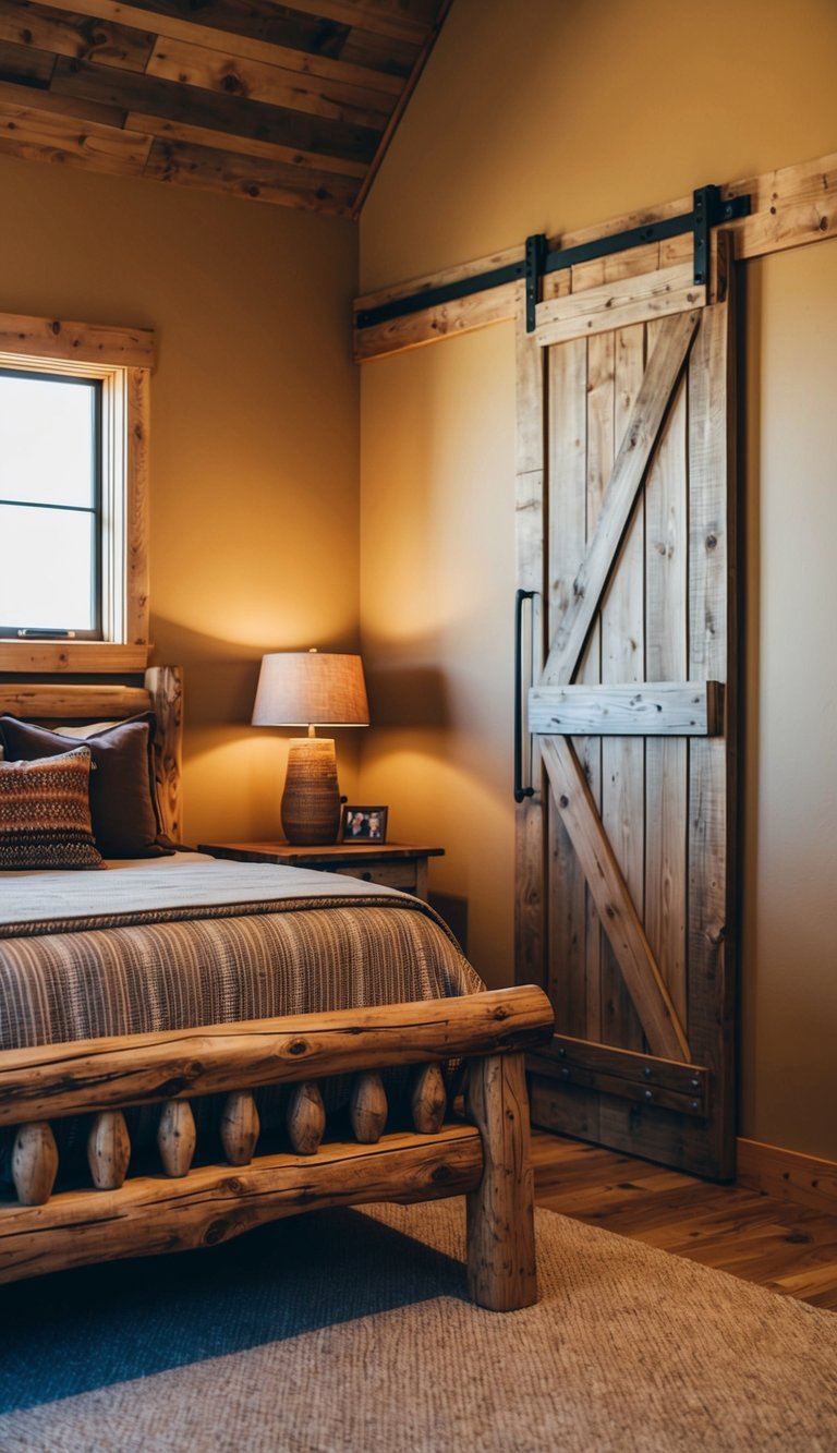 A cozy Western bedroom with wooden furniture, a rough-hewn bed frame, and a weathered barn door. Warm earth tones and natural materials create a rustic, inviting atmosphere