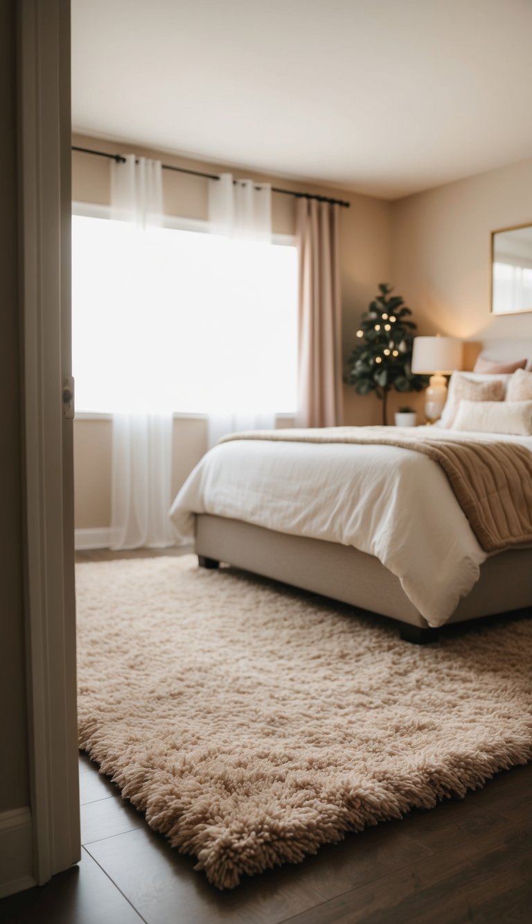 A plush area rug in a warm bedroom with soft lighting and cozy decor