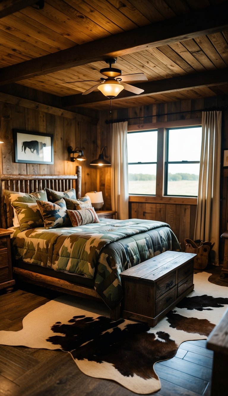 A cozy Western bedroom with camouflage bedding, rustic wooden furniture, and a cowhide rug. A warm, inviting atmosphere with a touch of rugged charm