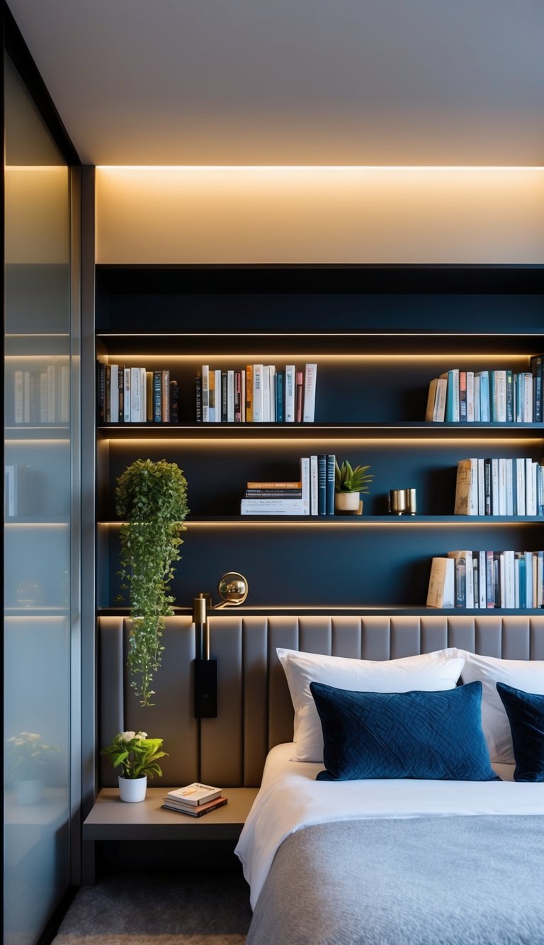 A modern bedroom with sleek, functional shelving displaying books, plants, and decorative items