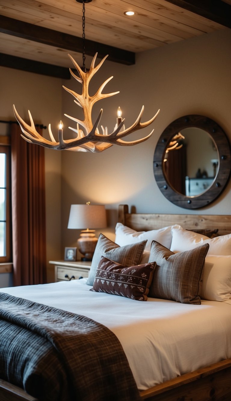 A cozy Western bedroom with real antler lighting fixtures, warm wood furniture, and rustic decor