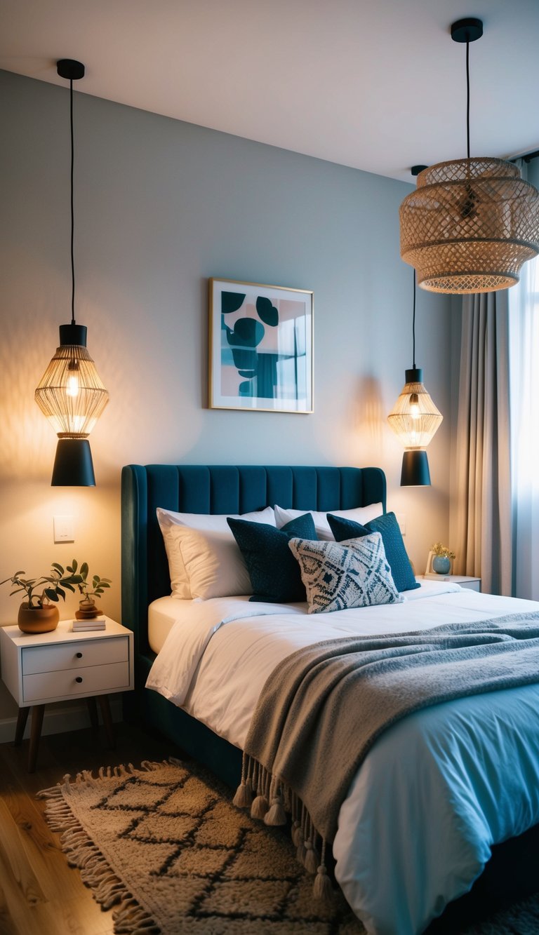 A cozy bedroom with ambient LED lighting, featuring a mix of modern and bohemian decor