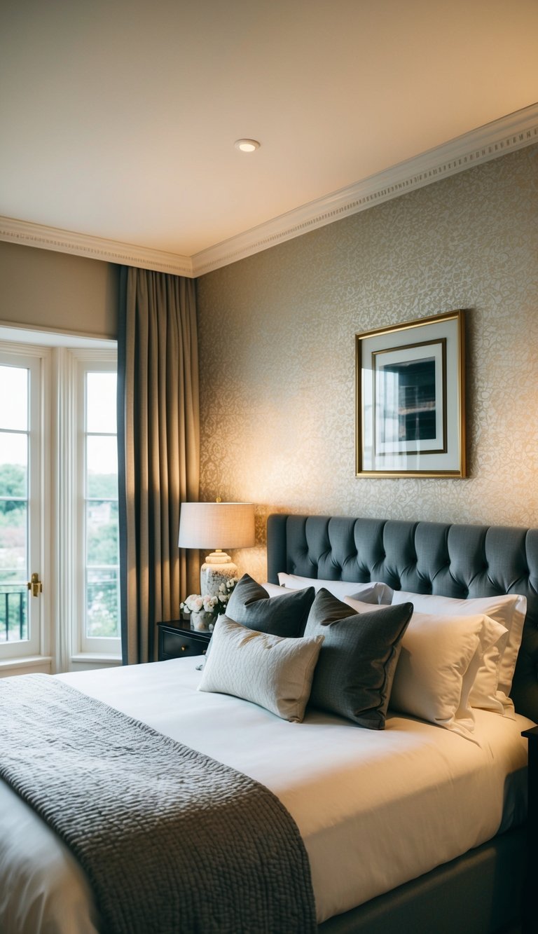 A cozy bedroom with a luxurious textured wallpaper, soft lighting, and elegant decor