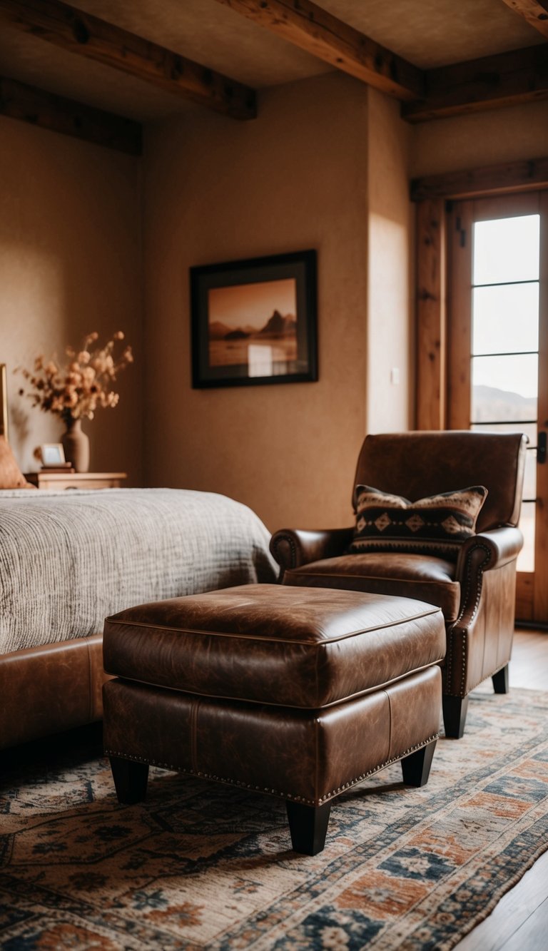 Distressed leather armchair and ottoman in a rustic Western bedroom with warm earth tones and wooden accents