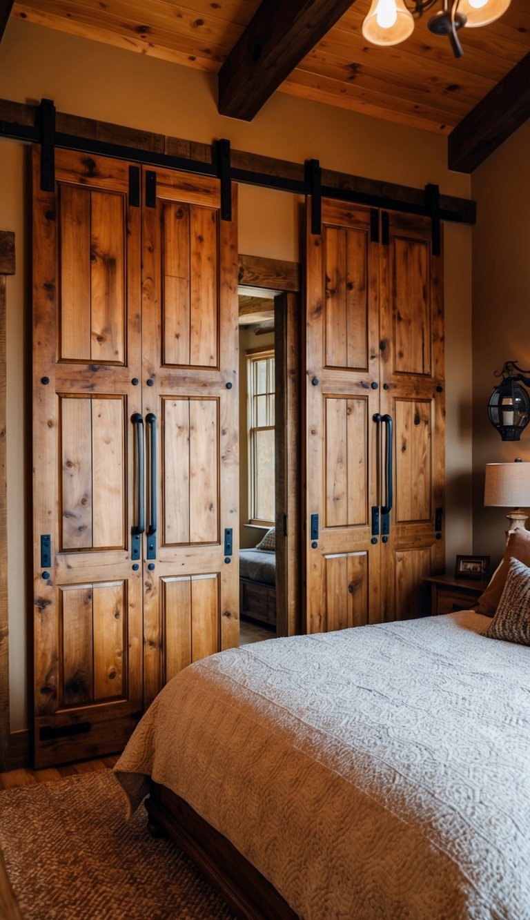 A cozy Western bedroom with barn door closets, rustic decor, and warm lighting