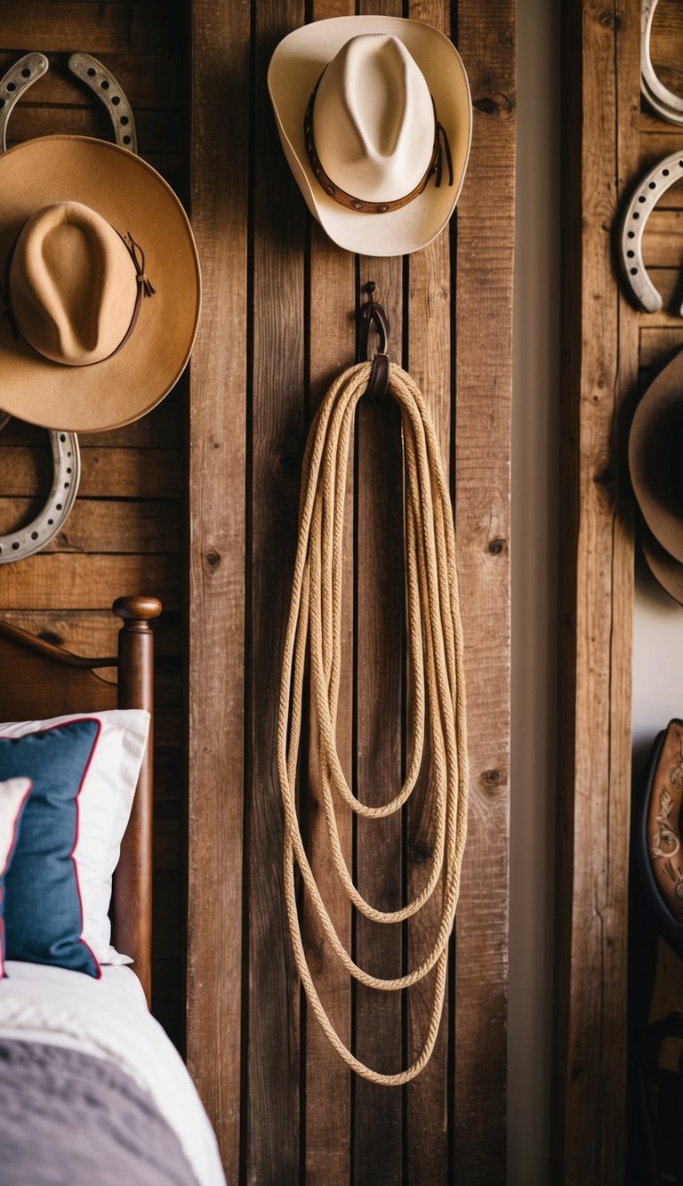 A lasso hangs on a rustic wooden wall in a Western-themed bedroom, surrounded by cowboy hats, horseshoes, and other Wild West decor